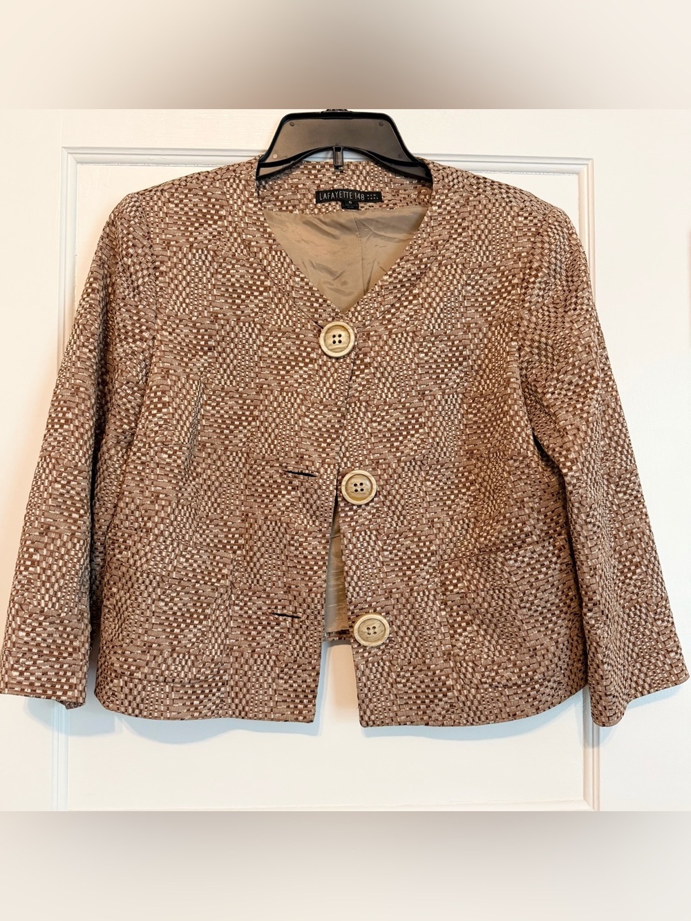 Lafayette 148 New York Jacket Womens 6 Brown Textured Woven Blazer Crop 3/4 Slee